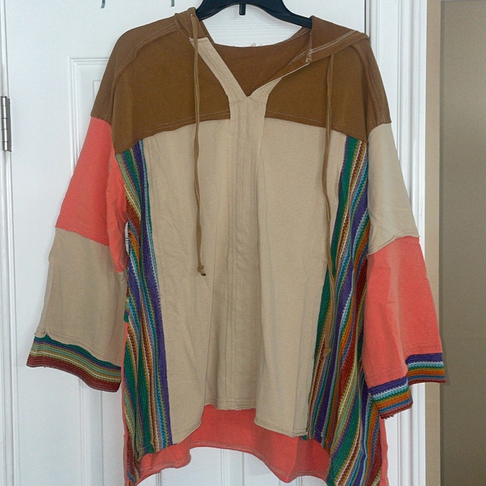 easel Multicolor Striped Hooded Sweatshirt with Tan and Orange Panels - Picture 6 of 7